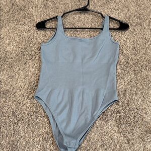 Ribbed Square-Neck Tank Bodysuit - Light Blue